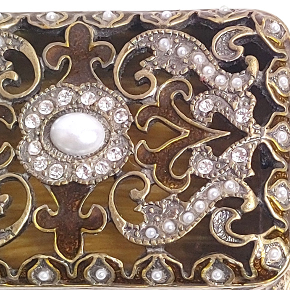 Heirloom Brass Box Enamel Embellished Treasure Trinket Lid Faux Pearl Rhinestone - Picture 9 of 9